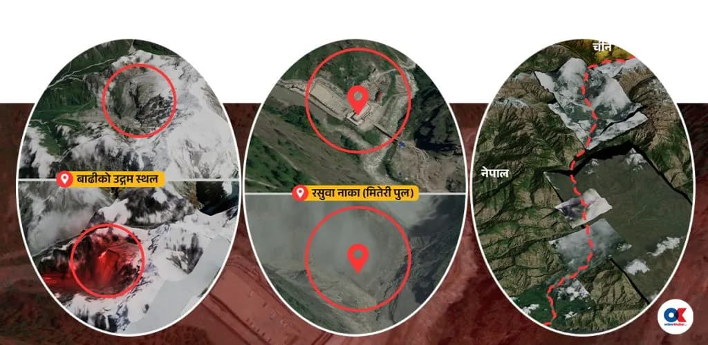 बाढी प्रभावित क्षेत्रको स्याटेलाइट तस्बिर : उद्गमस्थलदेखि कोल्पुटारसम्म पहिले–अहिले